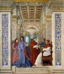 Melozzo da Forlì, Sisto IV nomina Bartolomeo Platina Prefetto della Biblioteca Vaticana, 1477, Musei Vaticani, Roma