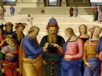 Sposalizio della Vergine, dipinto di Perugino. Una serie di personaggi in primo piano prendono parte alle nozze tra la Vergine e San Giuseppe, al centro, celebrate da un sacerdote.