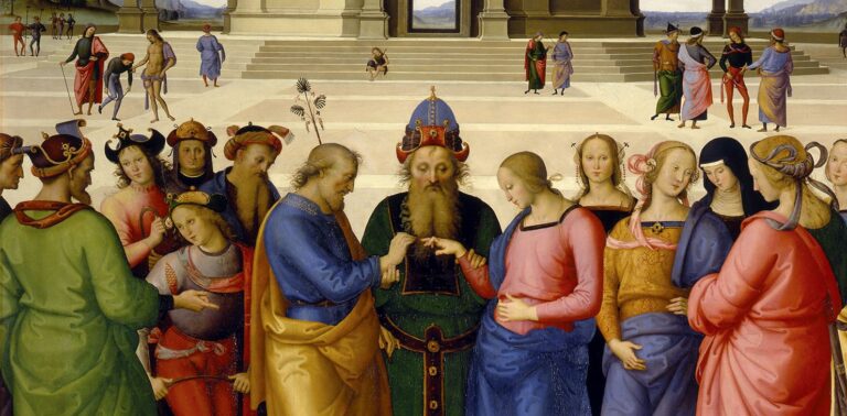 Sposalizio della Vergine, dipinto di Perugino. Una serie di personaggi in primo piano prendono parte alle nozze tra la Vergine e San Giuseppe, al centro, celebrate da un sacerdote.