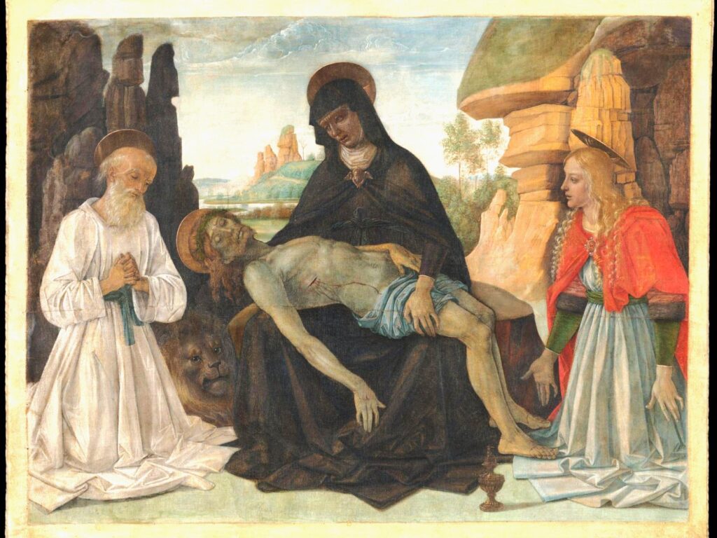 La Vergine al centro sorregge il corpo di Cristo morto. Alla sua sinistra San Girolamo con il leone e alla sua destra Maria Maddalena.