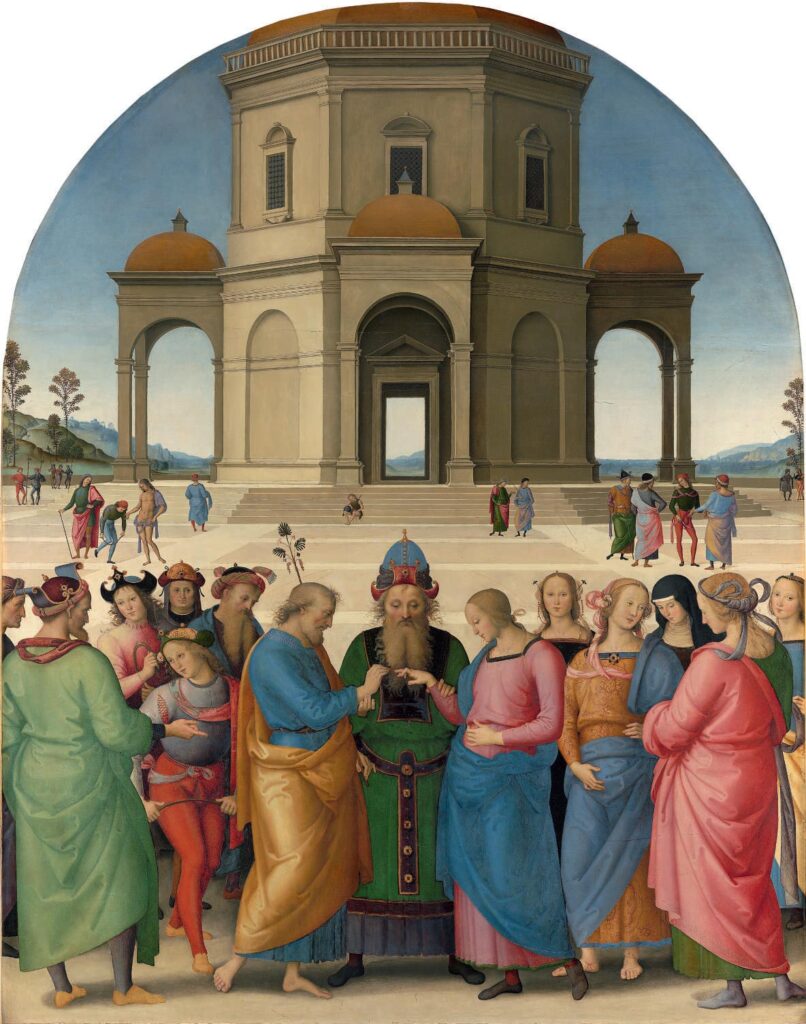 Una serie di persone in primo piano e sullo sfondo un edificio a pianta ottagonale. Al centro un sacerdote celebra lo sposalizio tra Giuseppe, alla sua sinistra, e Maria, alla sua destra.