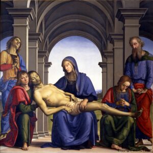 La Vergine, al centro, regge il corpo di Cristo morto. Ai lati figure di santi, Giovanni Battista e Maria Maddalena.
