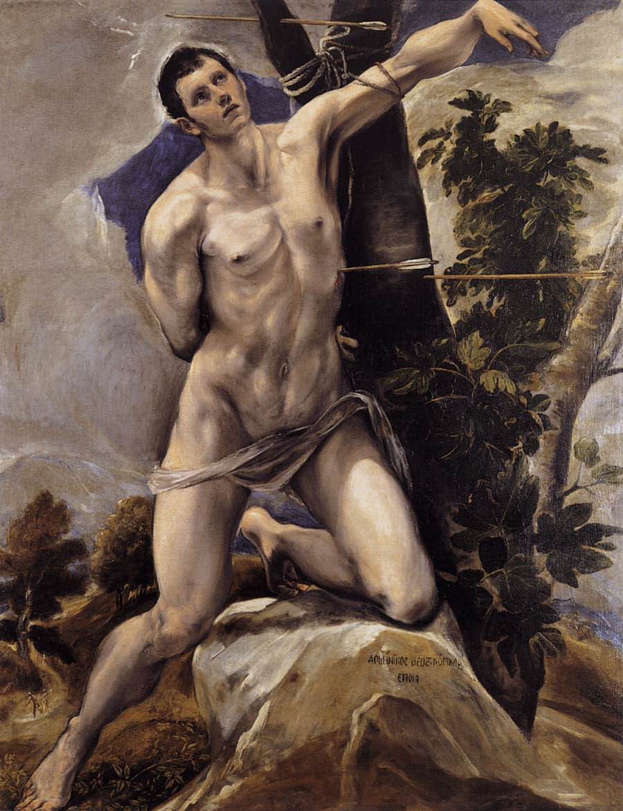 San Sebastiano poggia un ginocchio su una roccia. Il suo corpo è trafitto da una freccia.