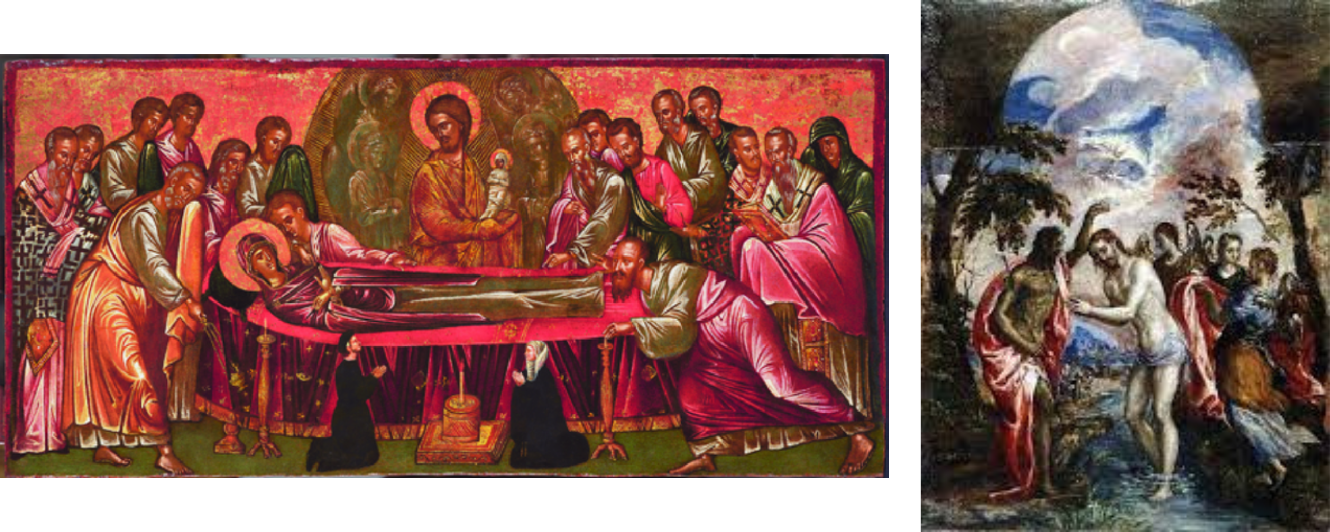 due opere di el greco affiancate: la dormizione di Maria e il battesimo di Cristo